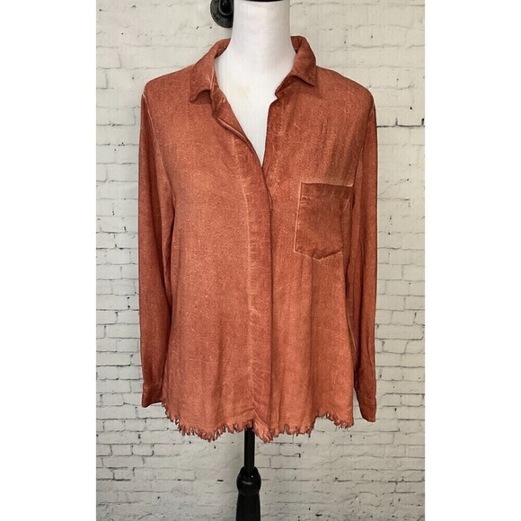 Umgee Women Rust Linen Blend Sz S Top Button Up Long Sleeve Blouse Fray Hem R1 - Picture 2 of 12